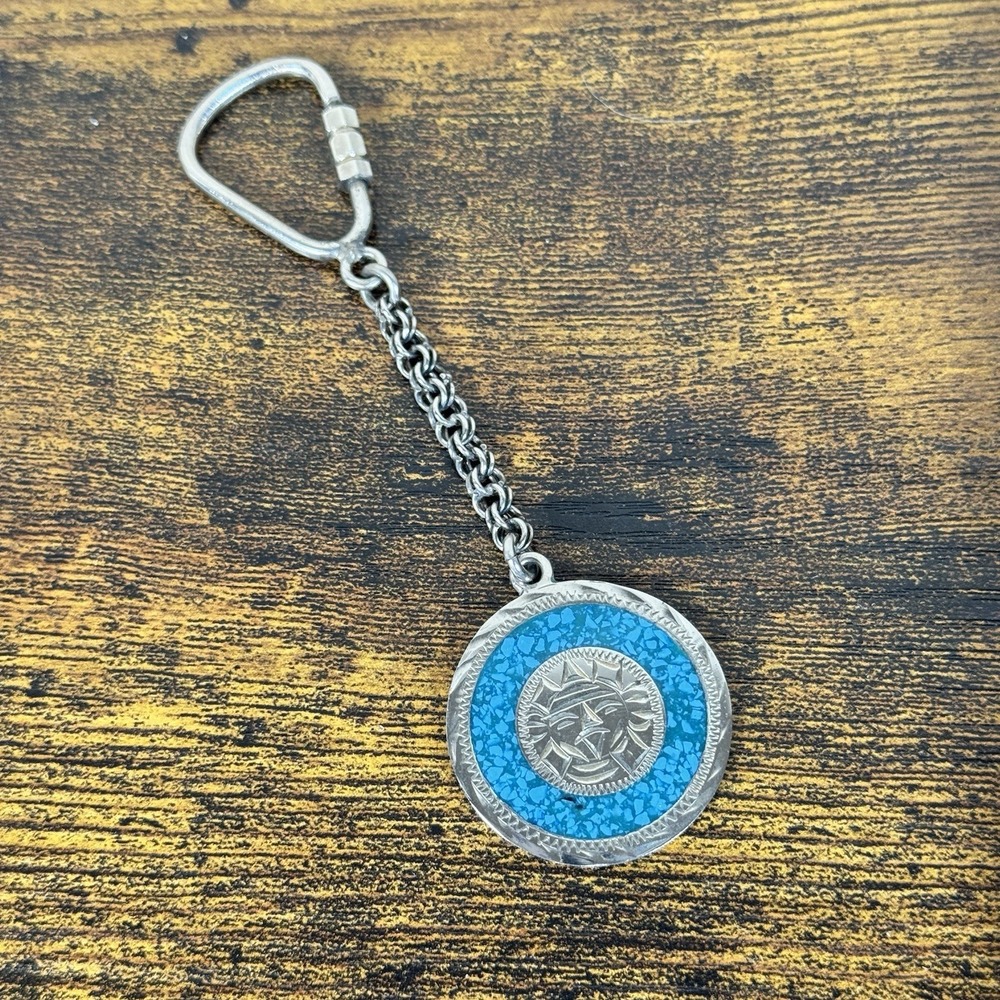 Vintage Alpaca Mexico Turquoise Inlay Sun Face Keychain Southwest Silver Tone
